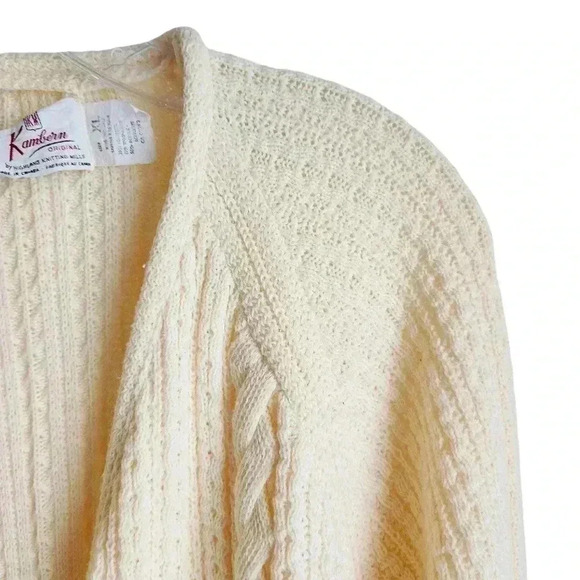 Vintage 70s Wool Blend Cardigan Women XL | Cable Knit Grandpa Sweater Ivory - Picture 4 of 11
